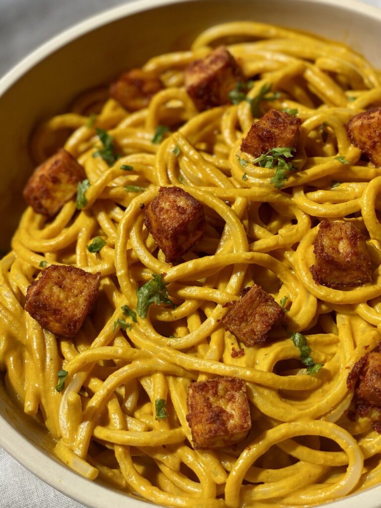 Cheesy Pumpkin Pasta with Chili Baked Tofu