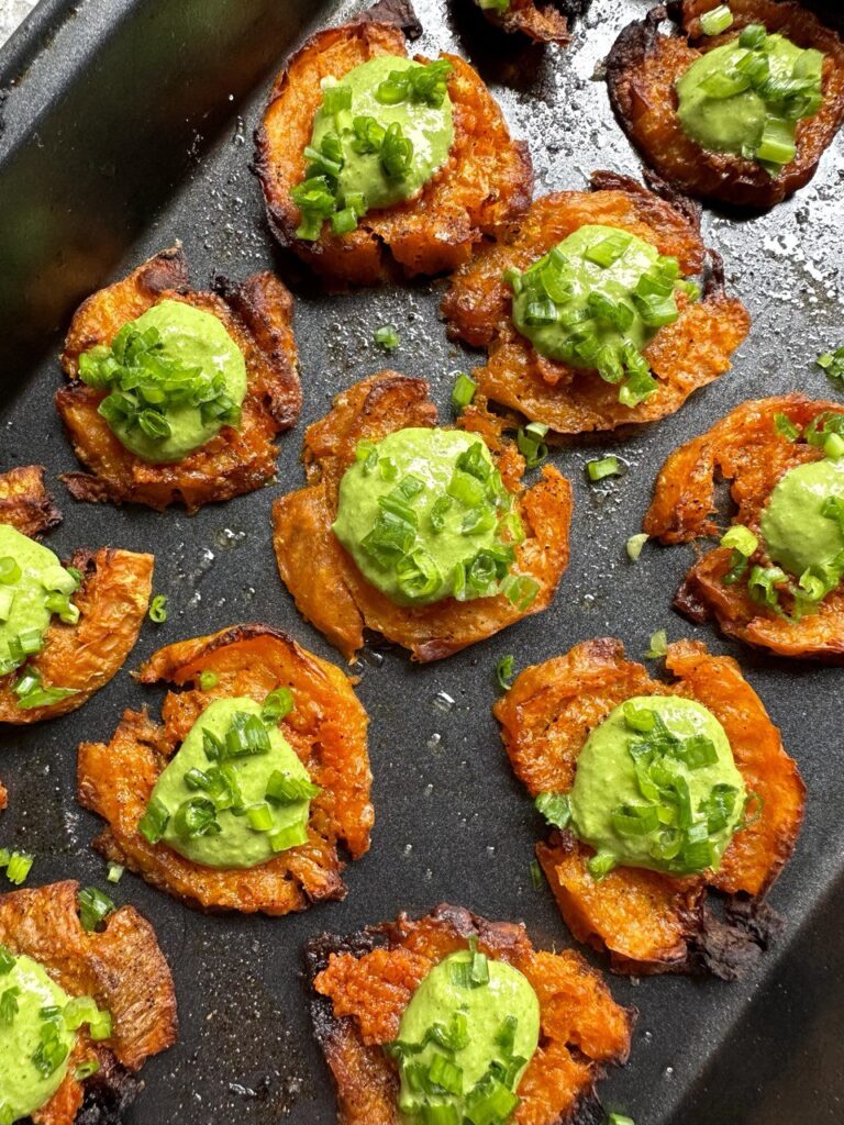 Crispy Smashed Sweet Potatoes with Pesto