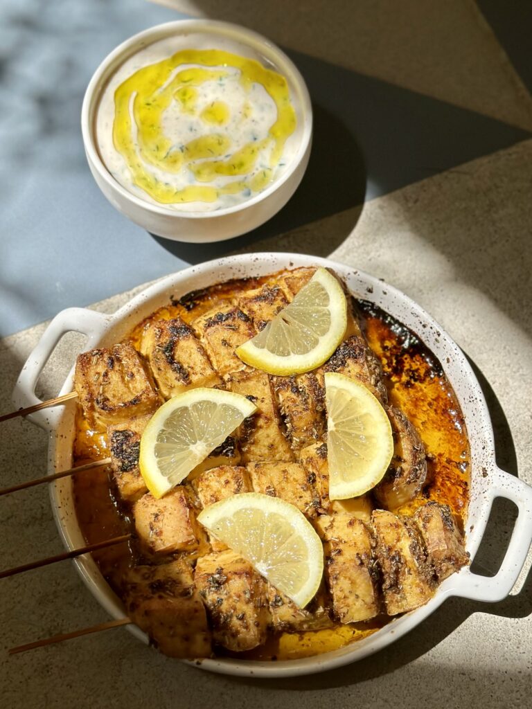 Vegan Tzatziki with Greek Tofu Souvlaki