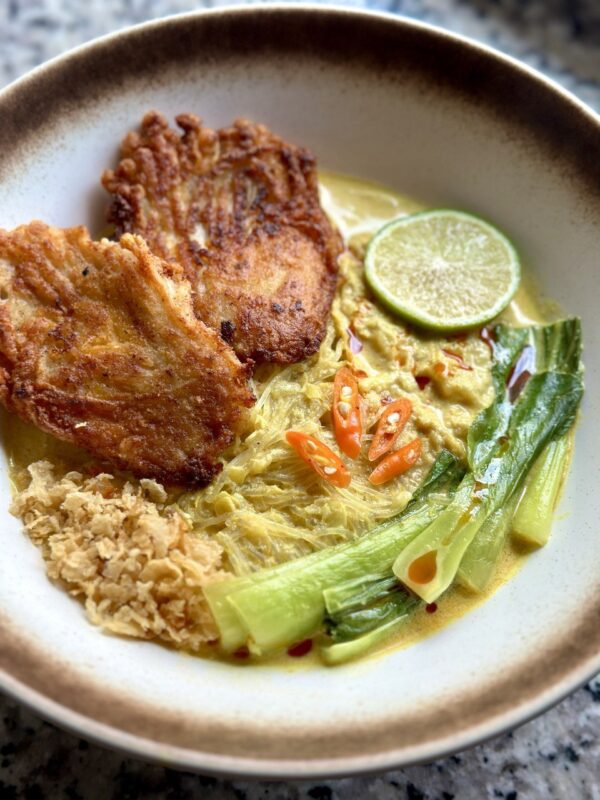 Lemongrass Coconut Noodle Soup with Crispy Enoki Mushrooms