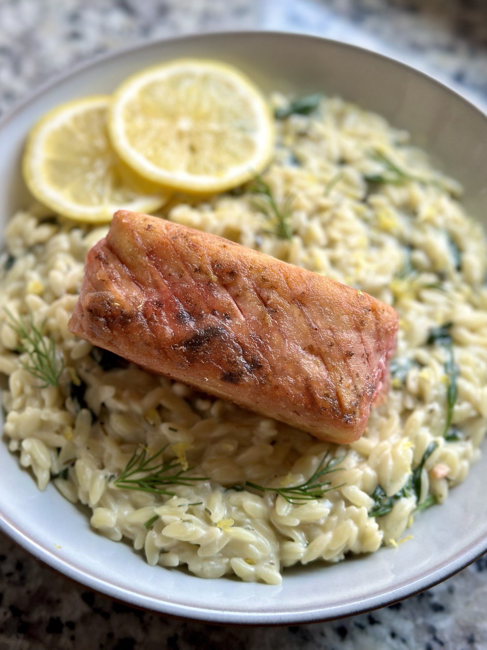 Creamy Lemon Orzo with Tofu Salmon