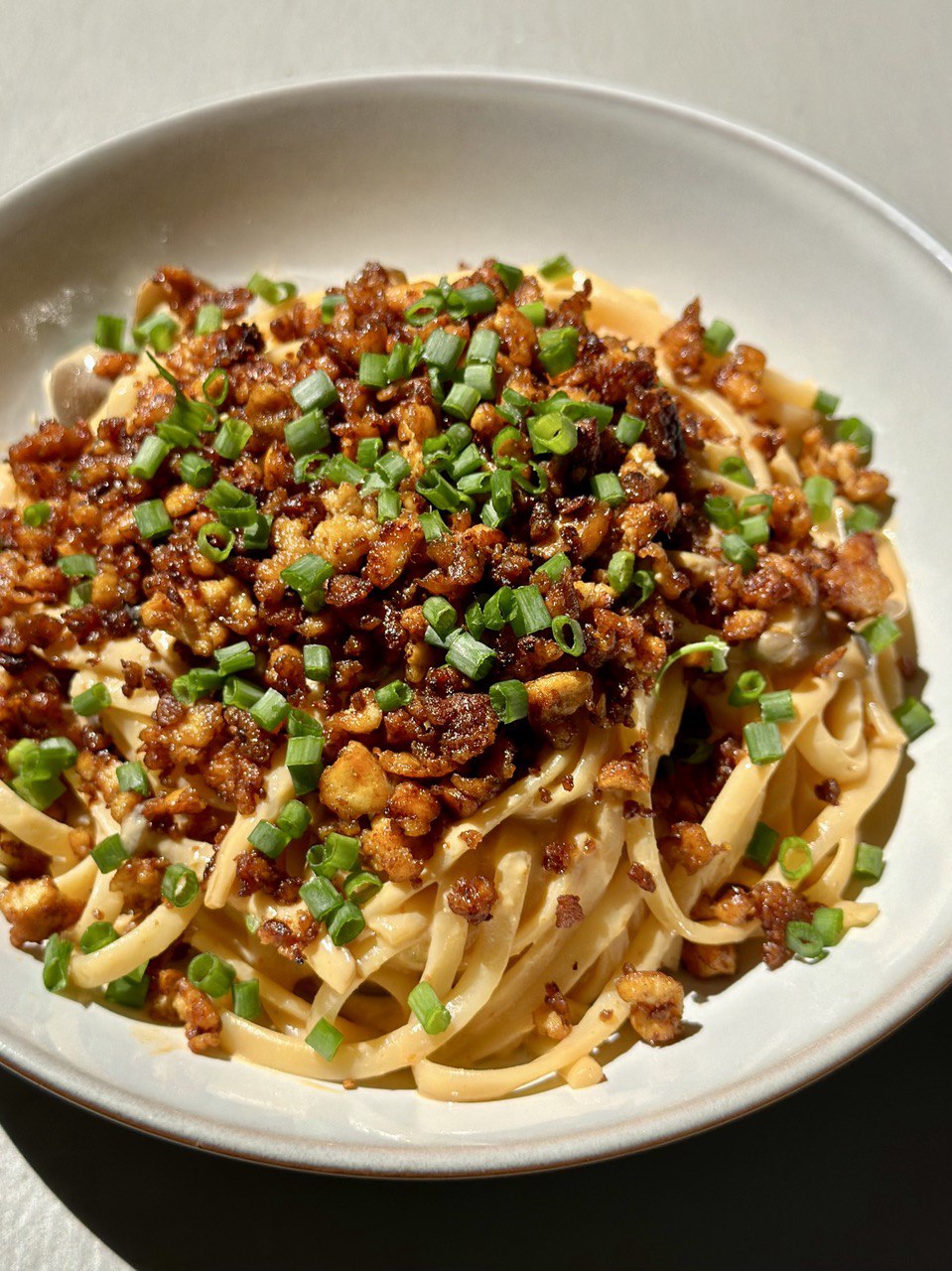 Spicy Miso Pasta with 5-Spice Tofu Crumble