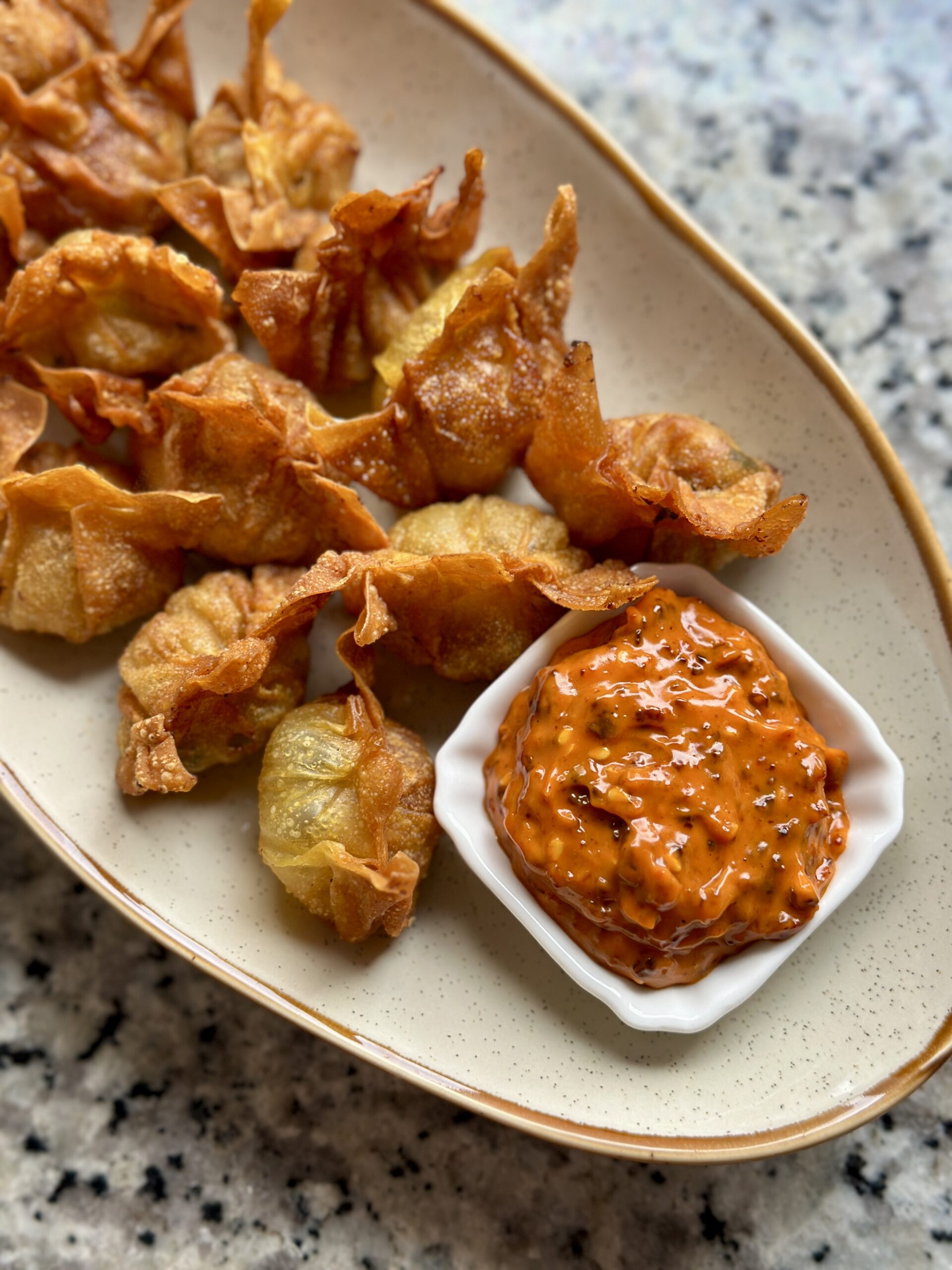 Crispy Fried ‘Pork’ Wontons with Chili Oil Mayo