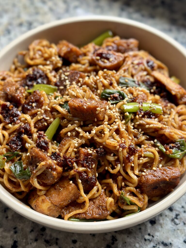 Jerk ‘Chicken’ Tofu Noodles Stir Fry