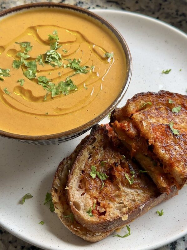 Kimchi Triple Grilled Cheese with Tomato Gochujang Soup