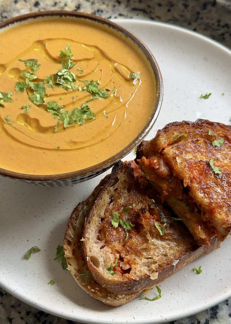 Kimchi Triple Grilled Cheese with Tomato Gochujang Soup