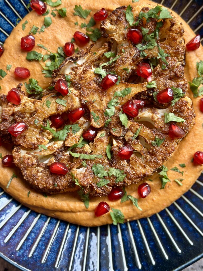 Cauliflower Steak with Roasted Red Pepper Hummus