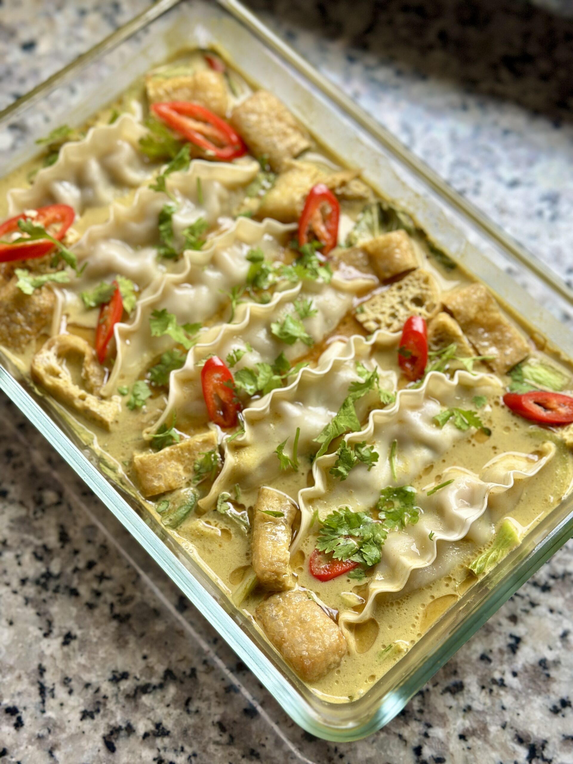 One Pan Laksa Baked Dumplings