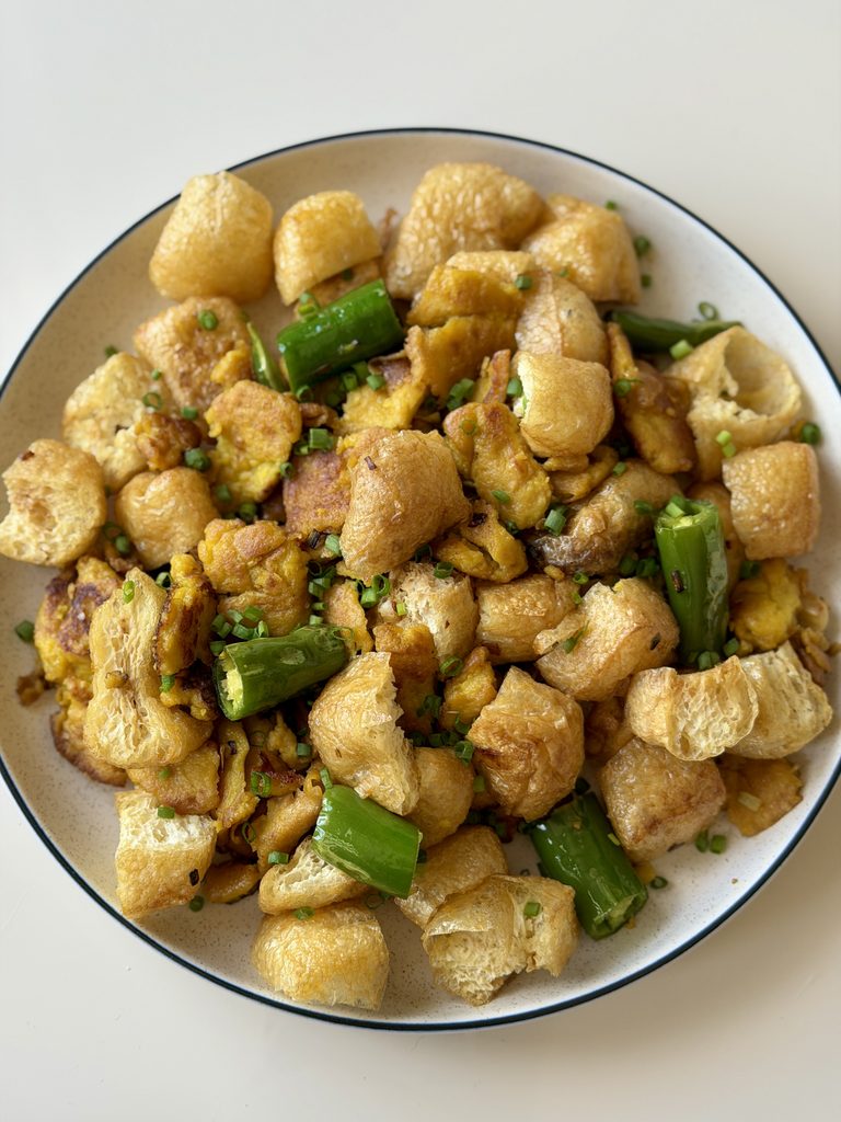 Chinese Green Chili Eggs & Tofu Puffs Stir fry