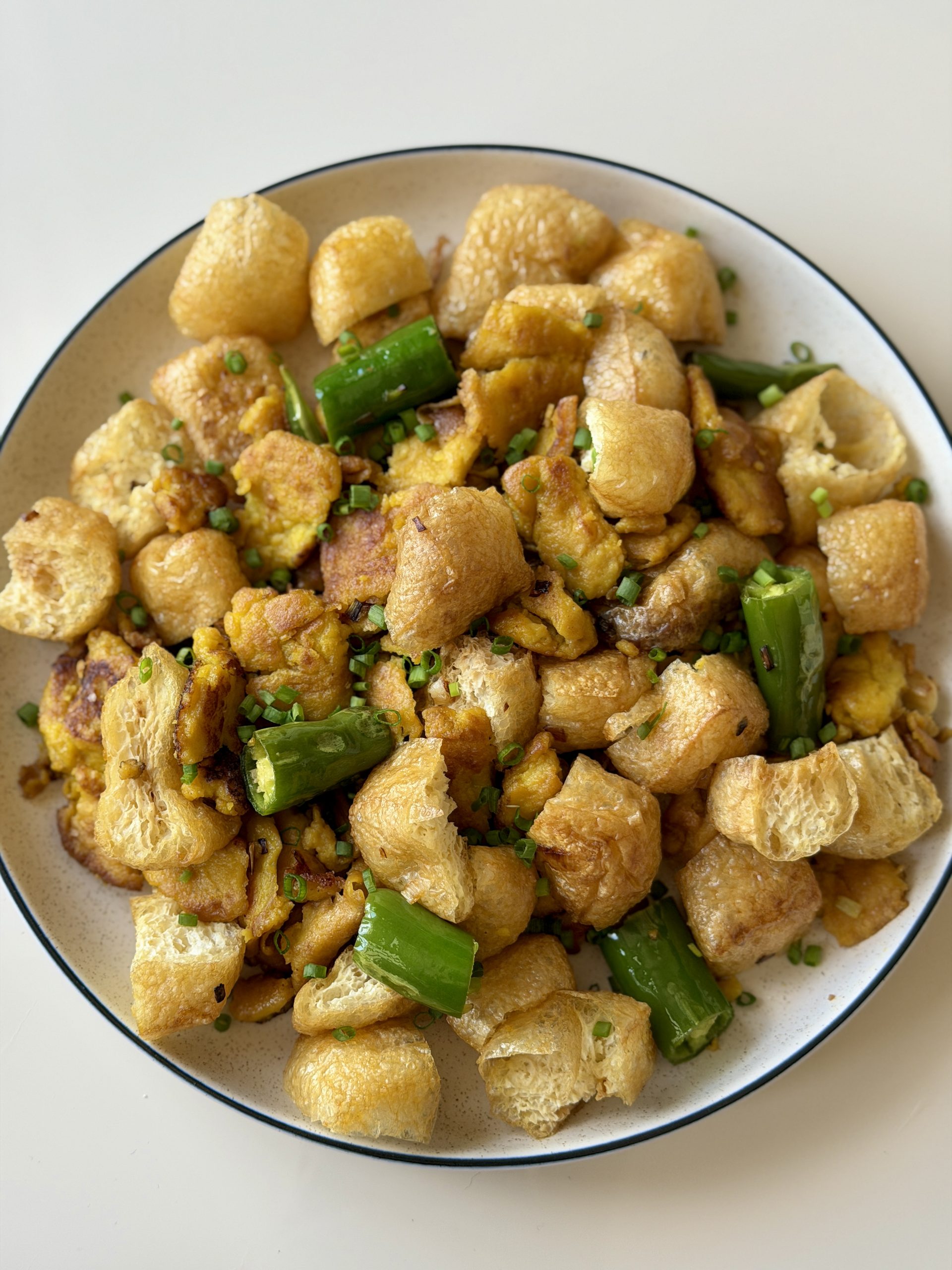Chinese Green Chili Eggs & Tofu Puffs Stir fry